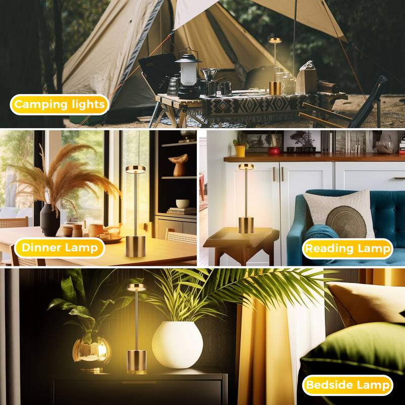 2Pack Cordless Table Lamp, Rechargeable LED Battery 3600mAh Metal USB Portable Powered Desk Lamp, 3 Levels Brightness Light