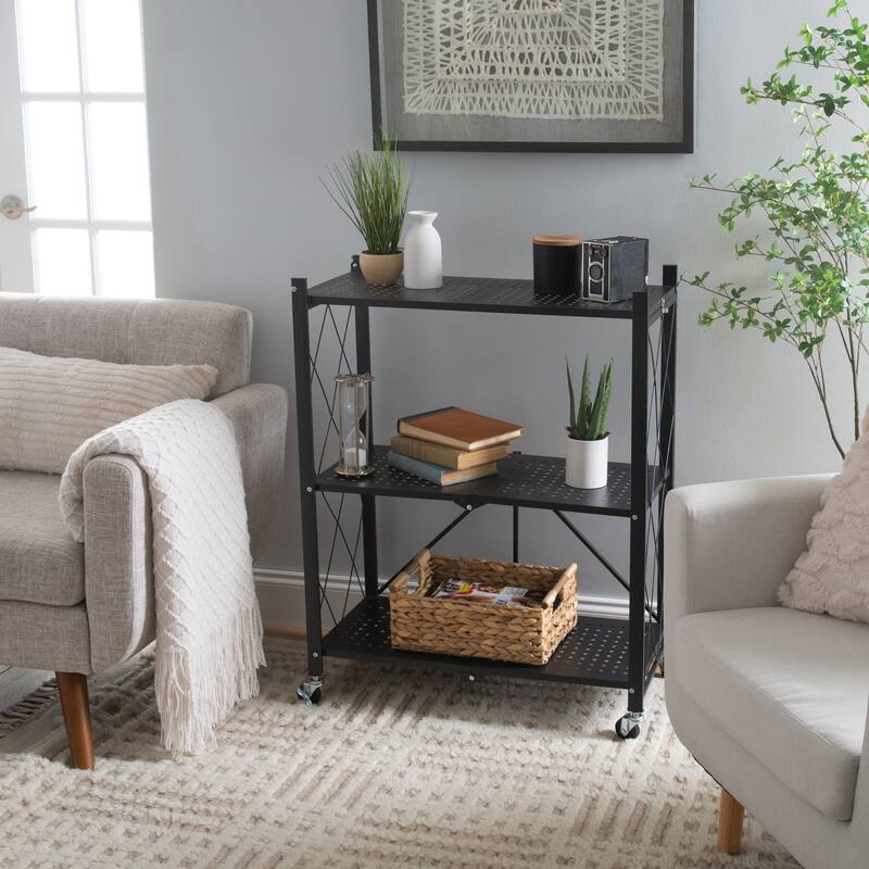 Organize It All Foldable Metal Rack with Wheels in Black