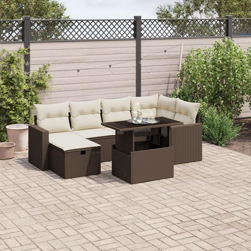 vidaXL Patio Sofa Set with Cushions Outdoor Furniture 7 Piece Poly Rattan - 21.7 x 39.4 x 28.7 in - Brown and cream