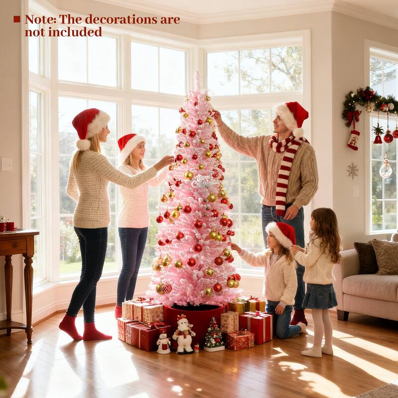 Gymax 6 FT Pink Artificial Christmas Tree Slim Pencil Xmas Tree w/ 328