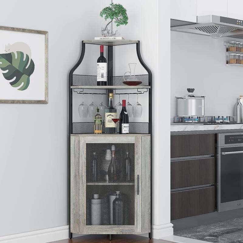 Corner Wine Cabinet with Detachable Wine Rack, 5-Tier Industrial Corner Bar Cabinet - Grey