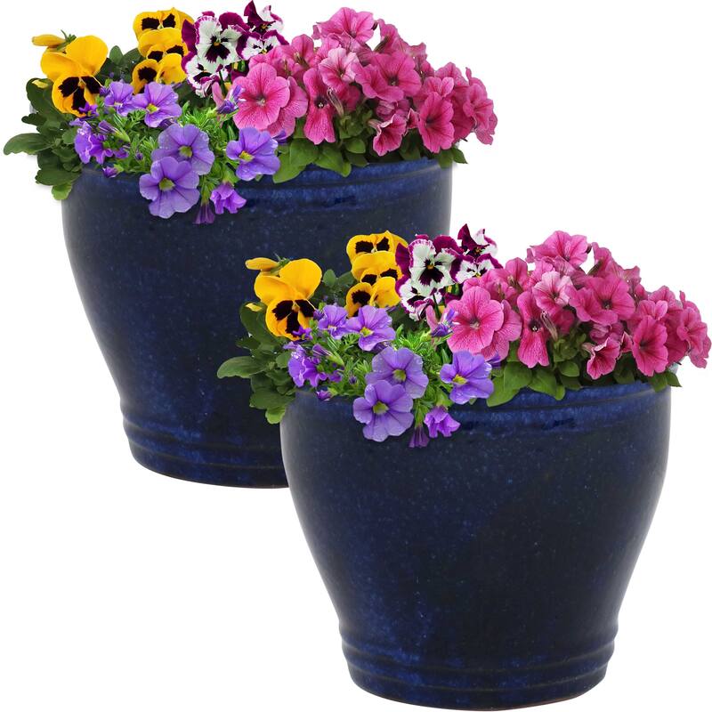 Sunnydaze Glazed Ceramic Planter with Drainage Holes - Set of 2 - 11-Inch