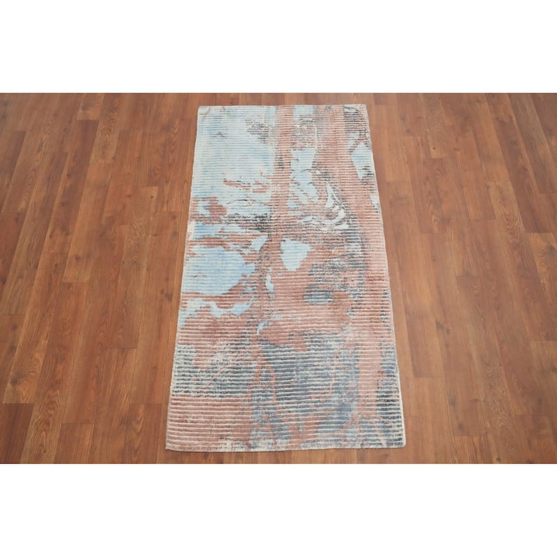 Hand Knotted Oriental Viscose Silk Carpet Modern Abstract Multi-Colored Abstract Area Rug - 4' 0'' X 2' 0''