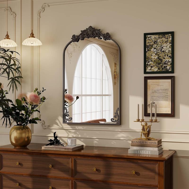 Arched Baroque Bathroom Mirror with Bottom Floral Decor