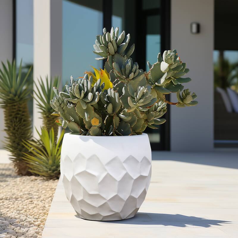 14.6-Inch Round Geometric Indoor/Outdoor MgO Planter - 13.2" H x 14.6" W x 14.6" D - White