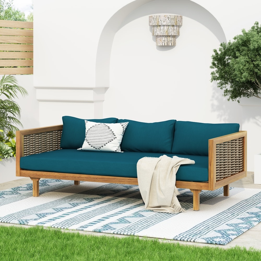 Roomfitters 3 Seater Wooden Patio Sofa, Wicker Panel Design, Modern Daybed with Weather-Resistant Cushions