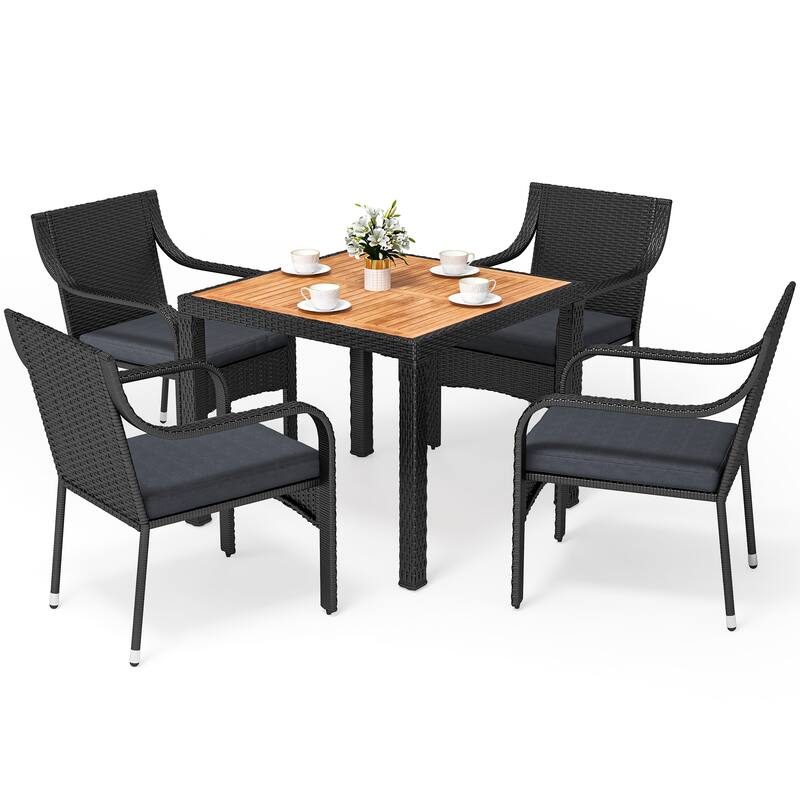 Moasis 5 PCS Outdoor Patio Dining Set Rattan Conversation Furniture Set Wooden Tabletop - 5 PCS