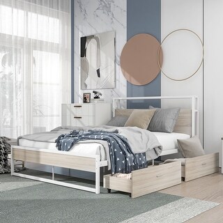Metal Platform Bed Frame with Wooden Headboard, 2 Storage Drawers ...