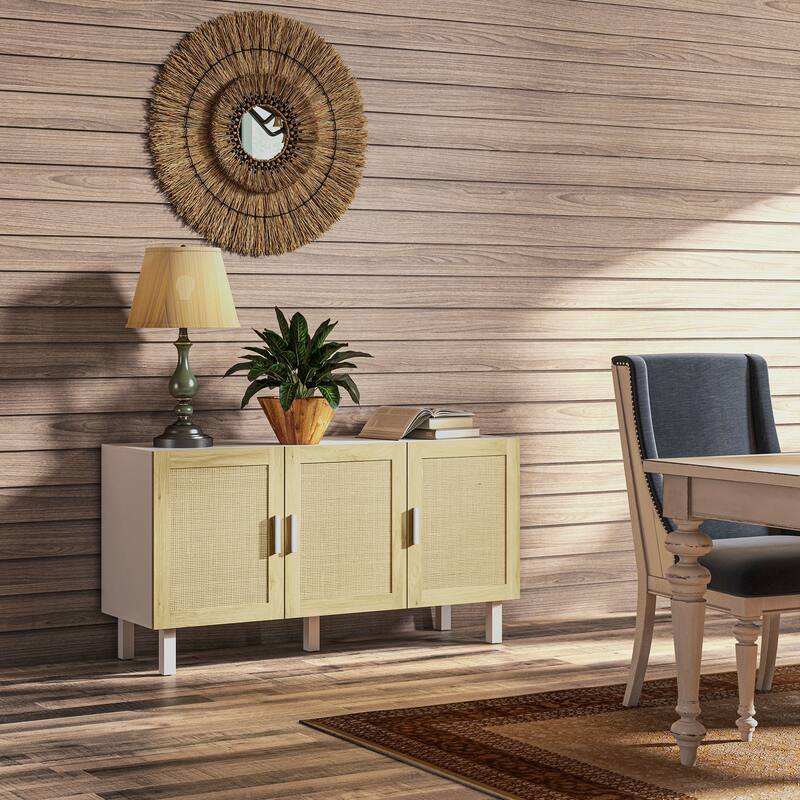 Boho Sideboard Buffet Cabinet with 3-Rattan Doors and Adjustable Shelves, White & Natural - White+Natural