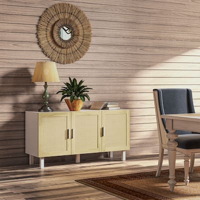 Boho Sideboard Buffet Cabinet with 3-Rattan Doors and Adjustable Shelves, White & Natural