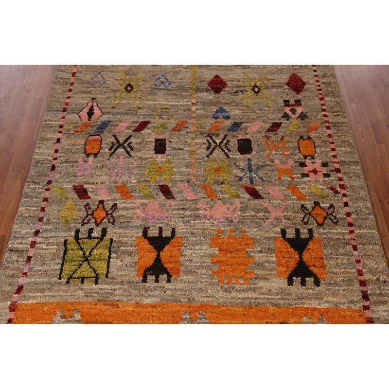 Geometric Moroccan Oriental Area Rug Handmade Brown Wool Carpet - 5'9" x 7'7"