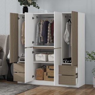 Freestanding Wardrobe Closet Cabinet with Hanging Rods & 4 Drawers, 6-Doors Wooden Clothes Storage Cabinet Bedroom Armoire