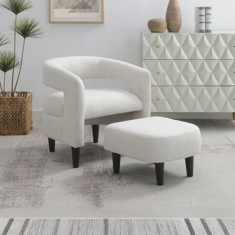 Modern Beige Accent Barrel Chair with Ottoman