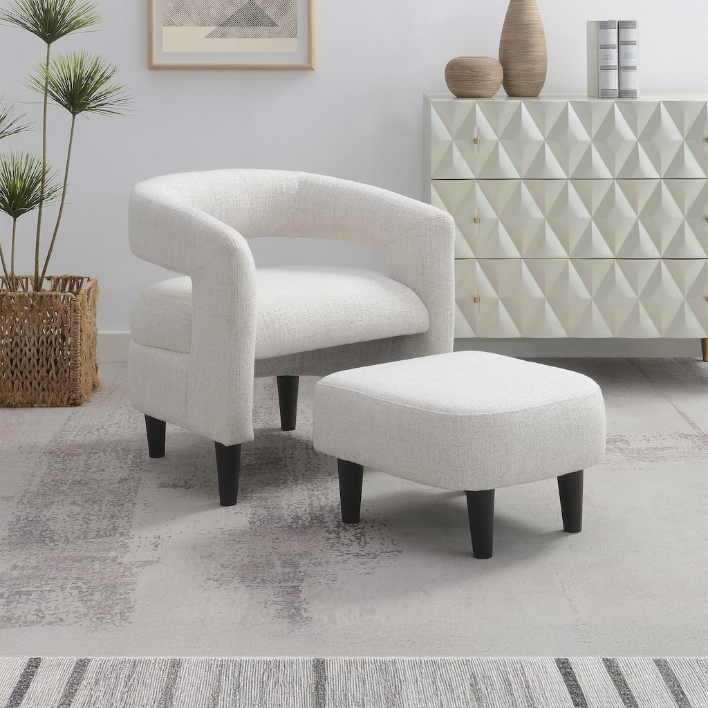 Modern Beige Accent Barrel Chair with Ottoman