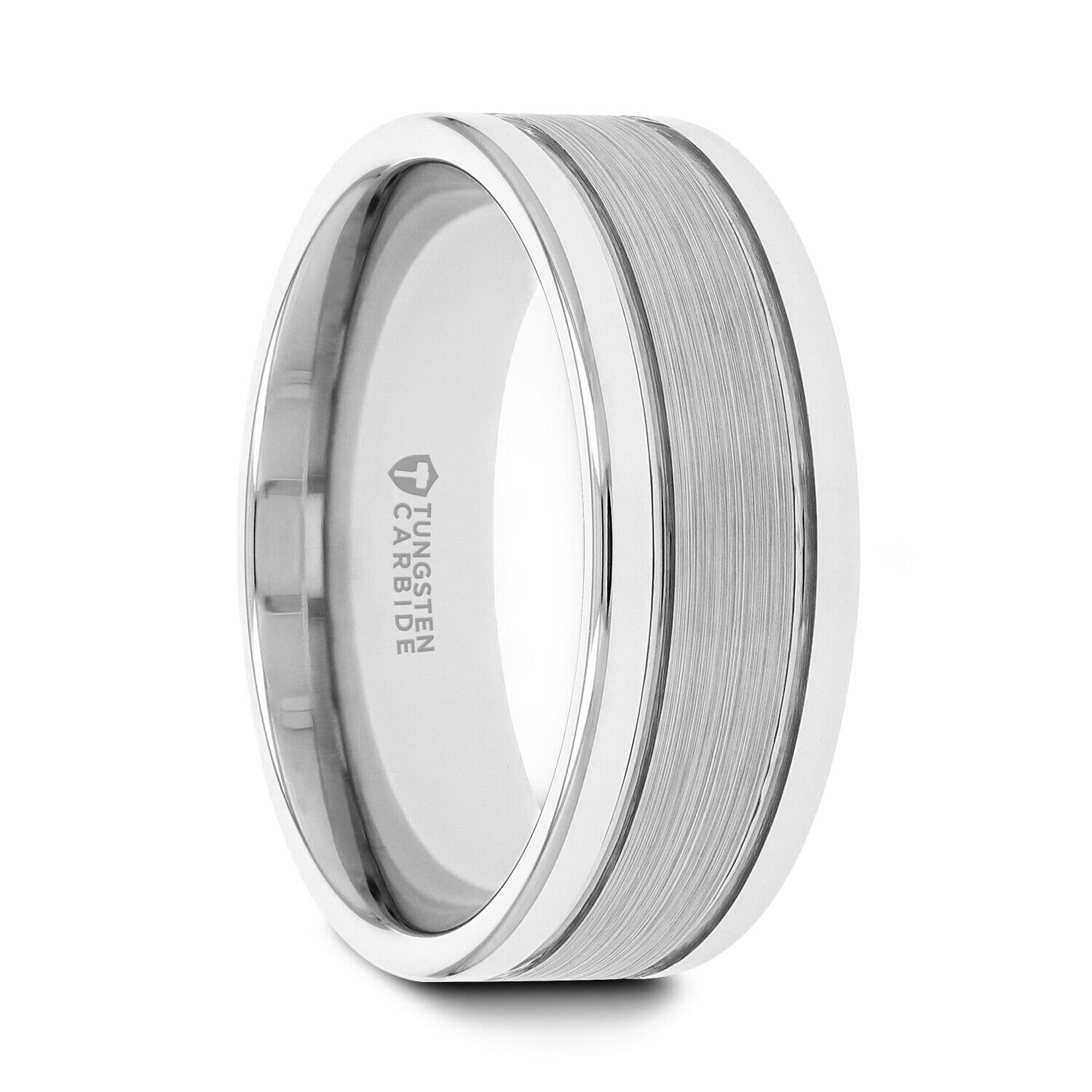 Thorsten CHRONOS | Tungsten Rings for Men | Flat with Offset Grooves Polished Edges Wedding Ring Band Satin Center Inlay - 6mm