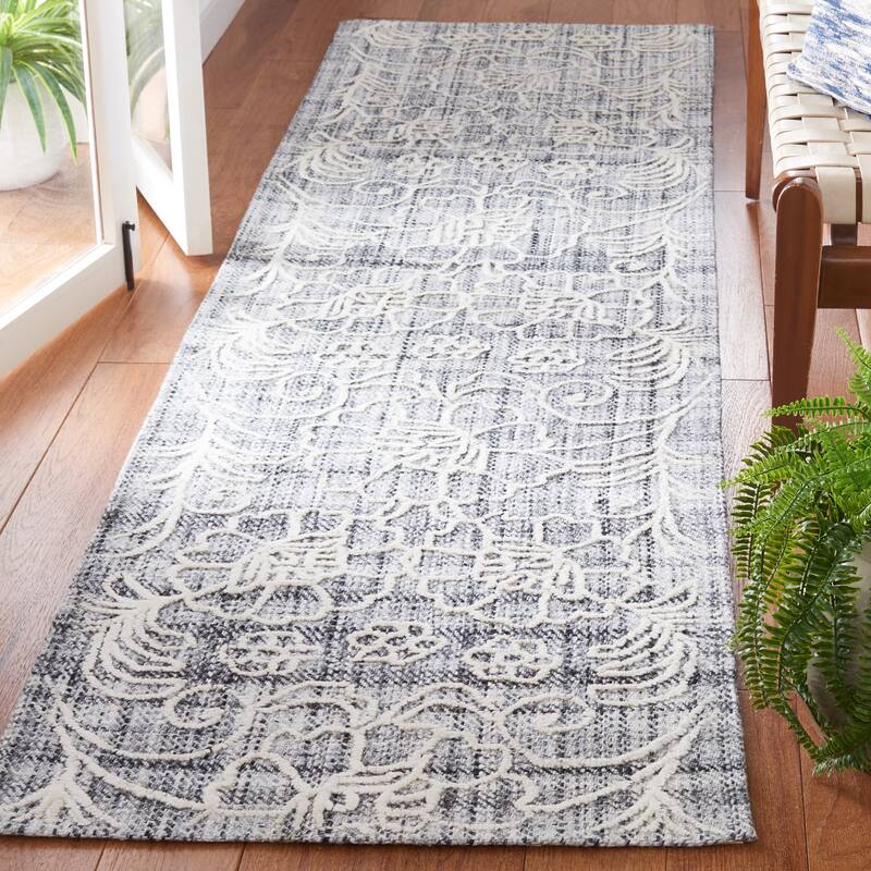 SAFAVIEH Handmade Marbella Doree Floral Rug - 2'3" x 9' Runner - Dark Grey/Ivory