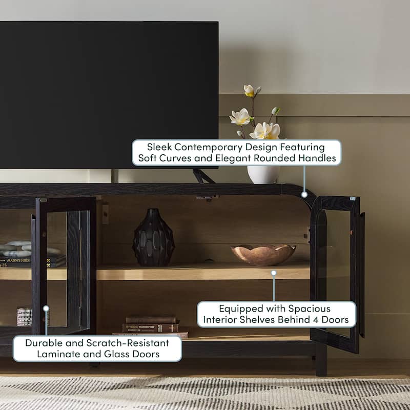 Walker Edison Modern Curved Easy Assembly TV Stand with Glass Paneled Doors