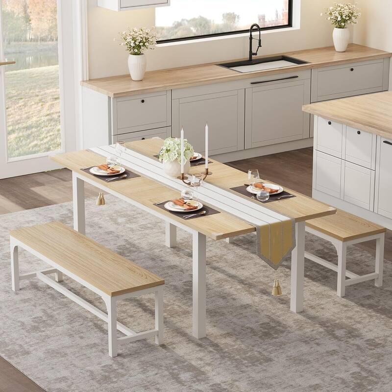 43.7in-63in Extendable Dining Table Set with 2 Benches and 2 Stools