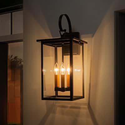 9.8in Clear Glass 3-Light Lantern Outdoor Armed Sconce - Matte Black & Brass