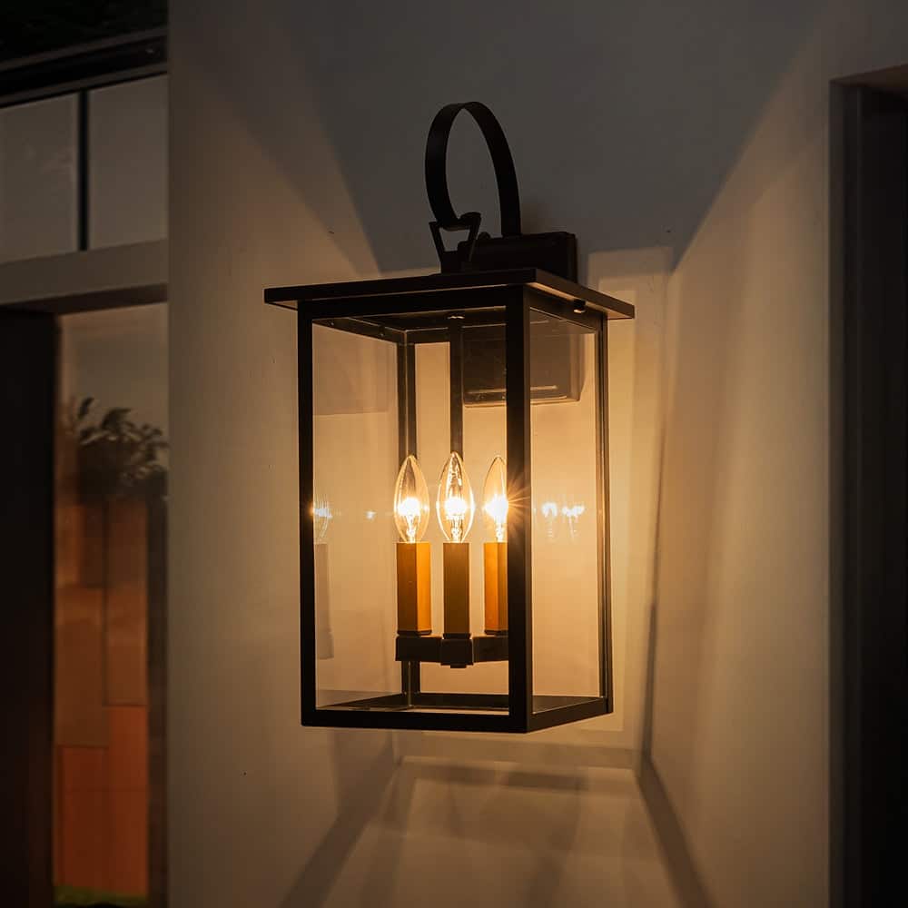 9.8in Clear Glass 3-Light Lantern Outdoor Armed Sconce - Matte Black & Brass