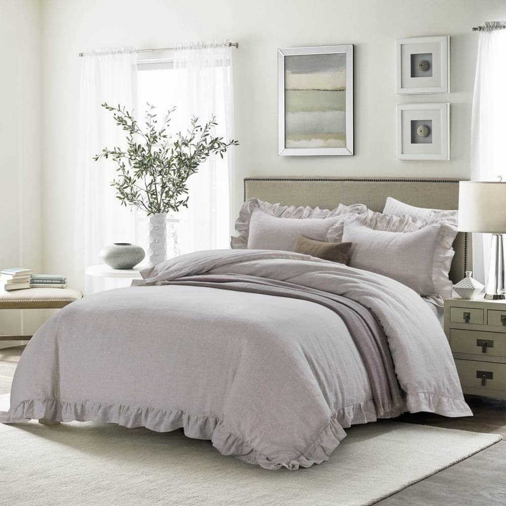 WHOLINENS Stone Washed French Linen Duvet Cover Set Ruffle Style