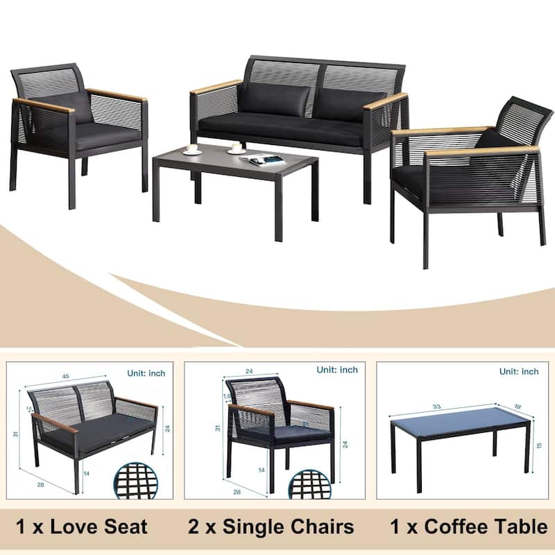 4-pc. Black Wicker Cord Patio Conversation Set