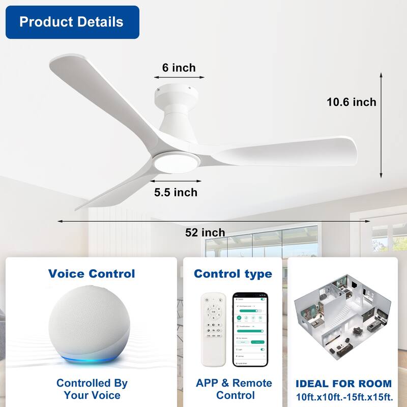 Ceiling Fans with Lights and APP: Flush Mount Low Profile Ceiling Fan for Bedroom - Dimmable Indoor Outdoor Fan