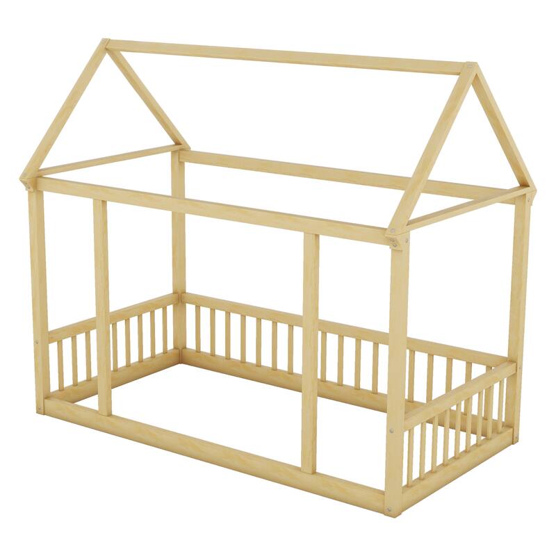 Twin/Full Size Floor Bed with Wooden House Roof Frame and Safety Guardrails for Children's Bedrooms, Small Space