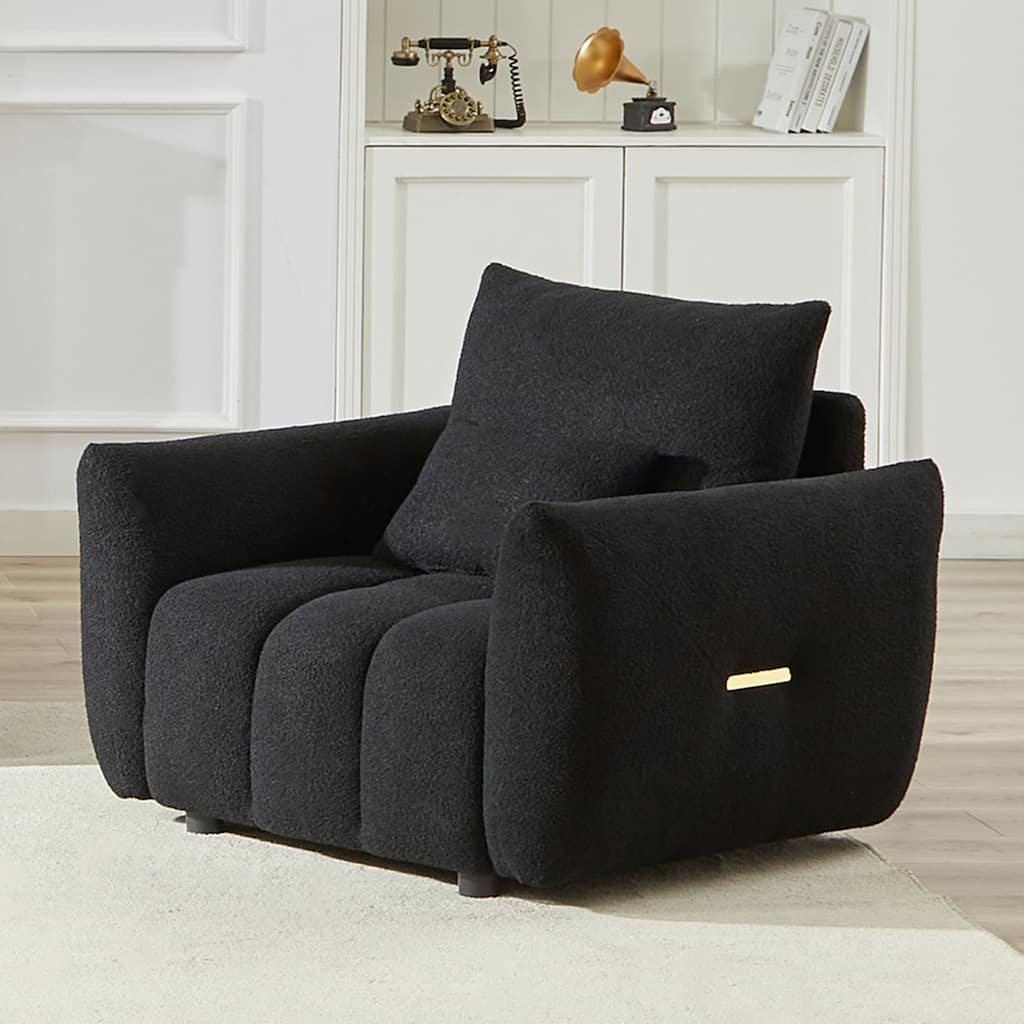 Upholstered Armchair Teddy Fabric Single Sofa Deep Seat Accent Chair, Armrests Side with Metal Strip Decorations