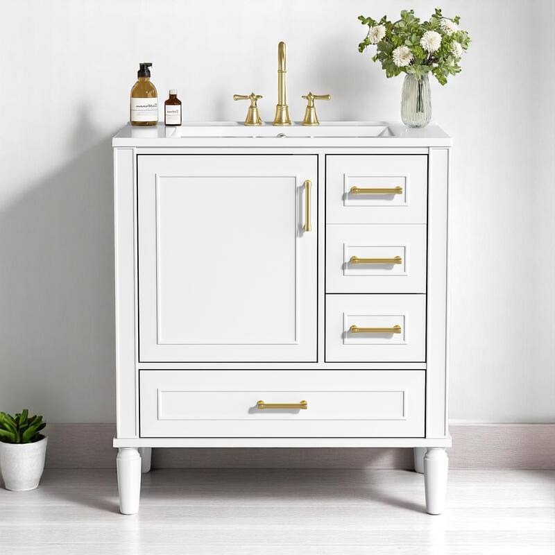 30" Freestanding Bathroom Vanity with Ceramic Sink, Soft Close Door and Drawers, Solid Wood Frame, Modern Storage Cabinet - White