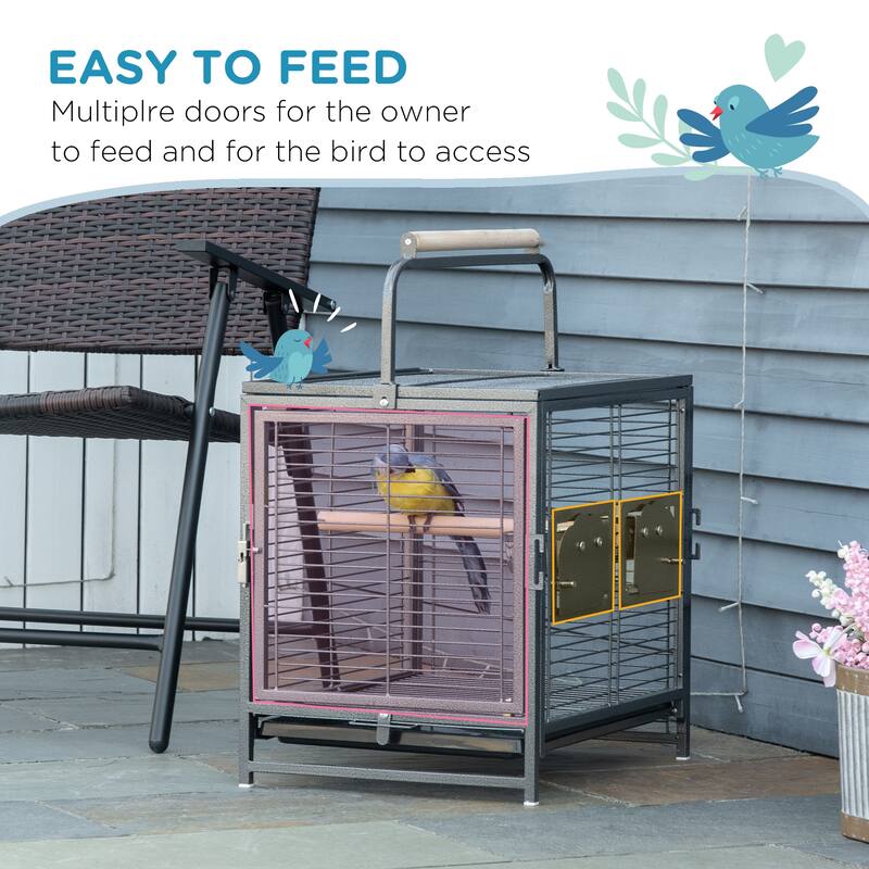 Black Vein Metal Bird Cage with Wooden Perch Stainless Steel Bowls and Multiple Doors for Small Birds