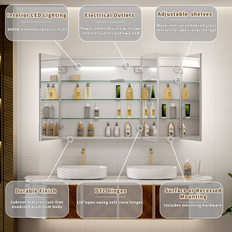 Modland 30"-60"W x 32"H Bathroom LED Medicine Cabinet with Mirror and Shelves, Defog and Stepless Dimming