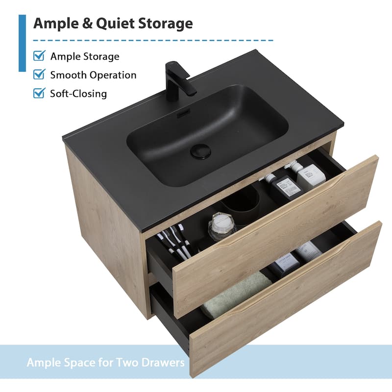 RupheonD 24"-48" Floating Bath Vanity in Evita Oak with Black Quartz Top