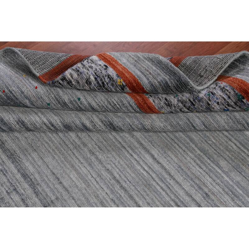 Hand Knotted Oriental Viscose Silk Carpet Tribal Stripe Greys & Charcoal Gabbeh Area Rug - 10' 0'' X 8' 4''