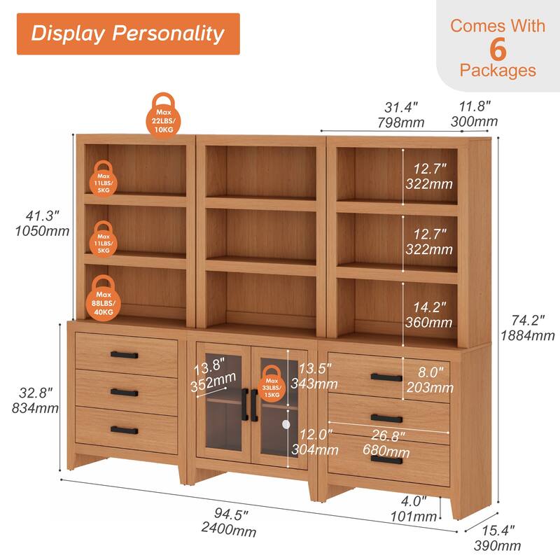 WAMPAT 74" Tall Bookshelf with Glass Doors and Drawers, 3-Tier Farmhouse Storage Cabinet