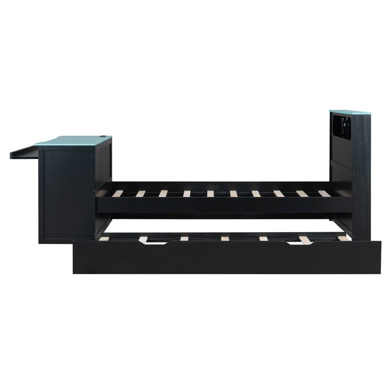 Wood Daybed with Trundle & Built-in Desk, LED Lights & USB Charging Port, Available in Full or Twin