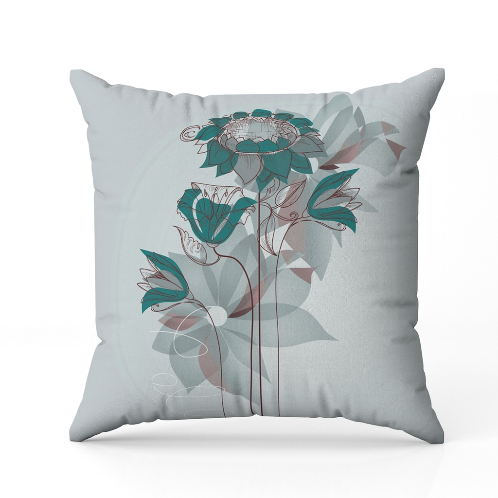 Flowers Line Art Faux Suede Reversible Throw Pillow Mint and Green