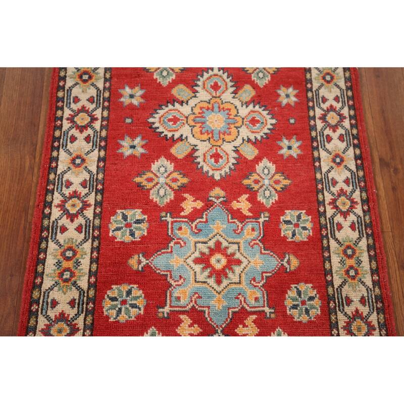 Geometric Red Kazak Oriental Runner Rug Handmade Wool Carpet - 2'2" x 5'7"