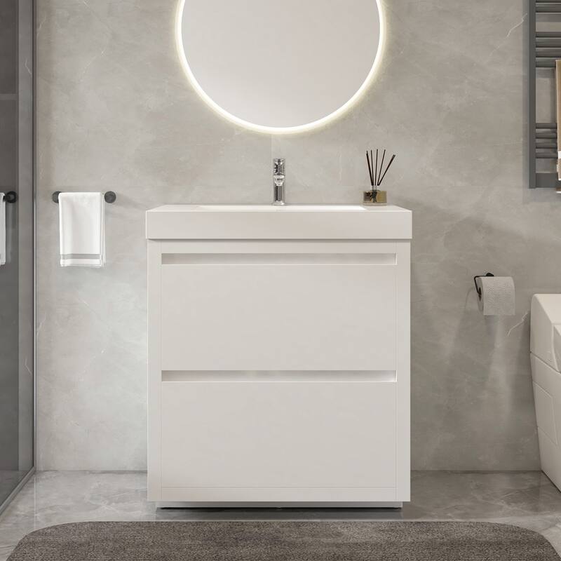 Vanity Art 36-Inch Single Sink Floor-Standing Wall Mounted Bathroom Vanity Set White Stone Top Glossy Finish - White - Glossy