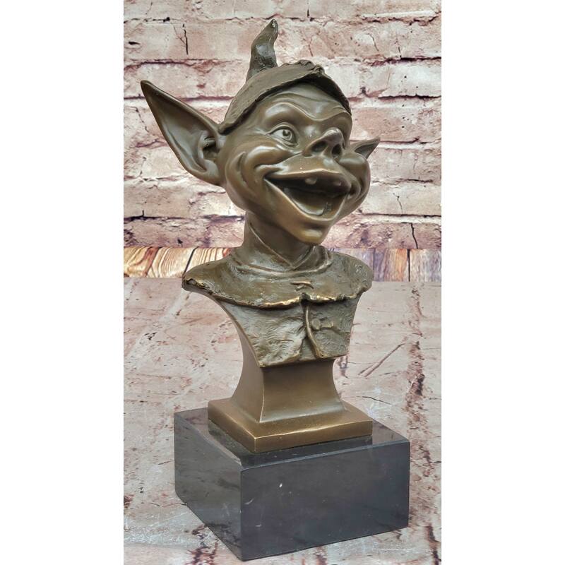 Whimsical Bronze Goblin Bust – Playful Fantasy Sculpture On Marble Base