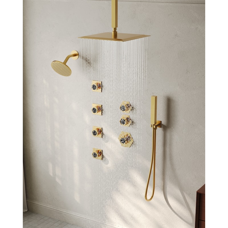 Dual Heads Thermostatic Shower Faucet with 12" Rainfall Shower, Handhels Spray And Body Jets - 12" x 6"