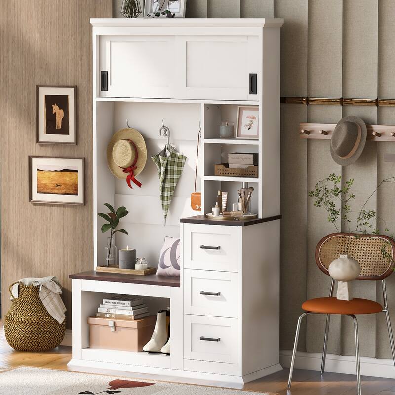 Coat Rack w/ 3 Shelves and Drawers,Hooks,Hall Tree with Storage Bench