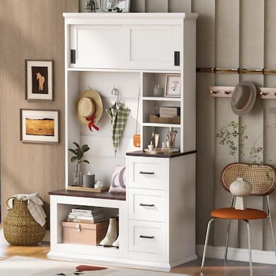 Coat Rack w/ 3 Shelves and Drawers,Hooks,Hall Tree with Storage Bench