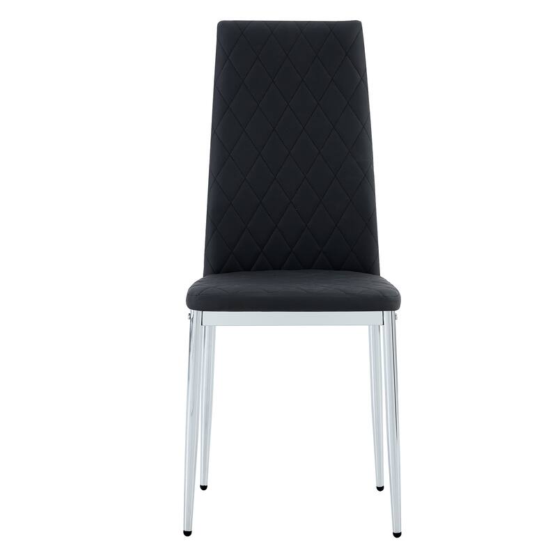 Leather Dining Table Chair Set of 6, High Back Dining Chair, Grid Armless Lounge Chair, Office Chair with C-Shaped Metal Legs