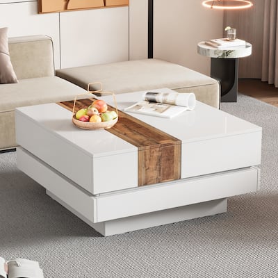 31.4" Square Coffee Table with Sliding Tabletop, Extendable High Gloss Center Table with Hidden Storage