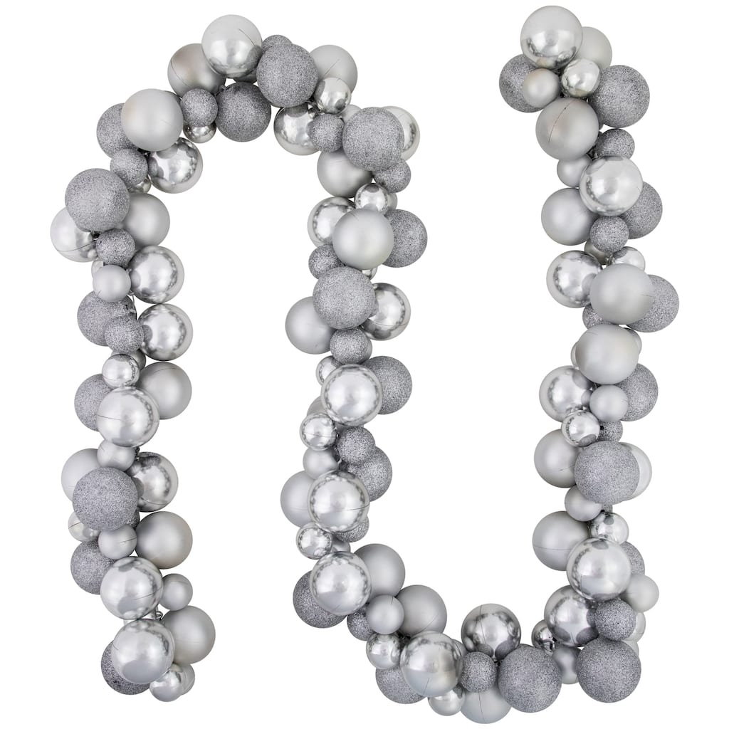 3-Finish Shatterproof Ball Christmas Garland - 6' x 3.5" - Silver - Unlit