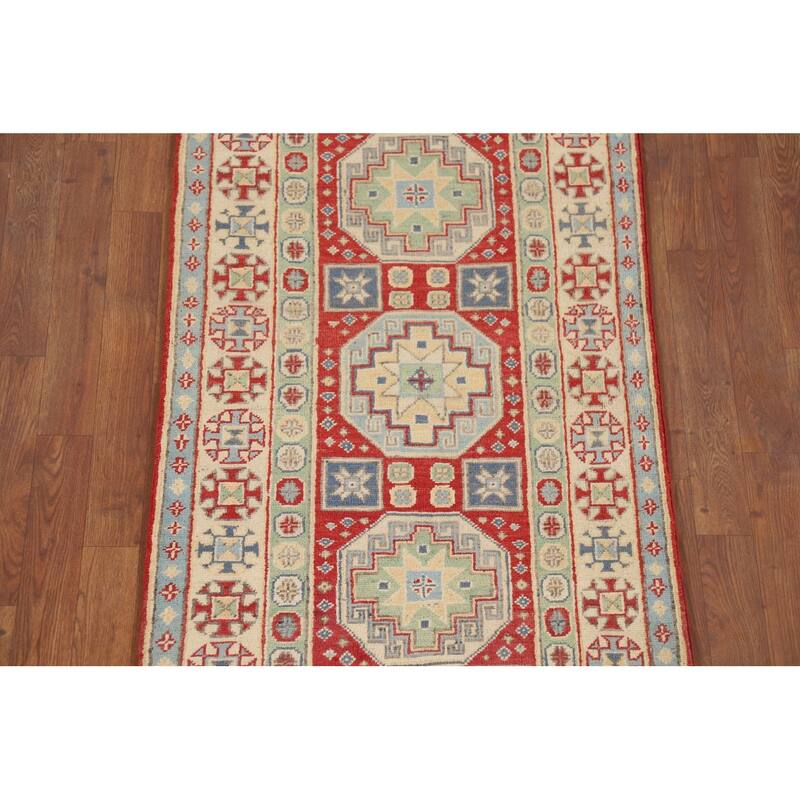 Red Kazak Runner Rug Hand-Knotted Oriental Wool Carpet - 2'7" x 9'8"