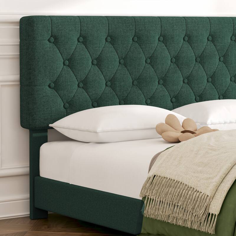 Linen Upholstered Headboard Bed Frame with Large Hidden Storage, 4 Underbed Drawers with Pulleys