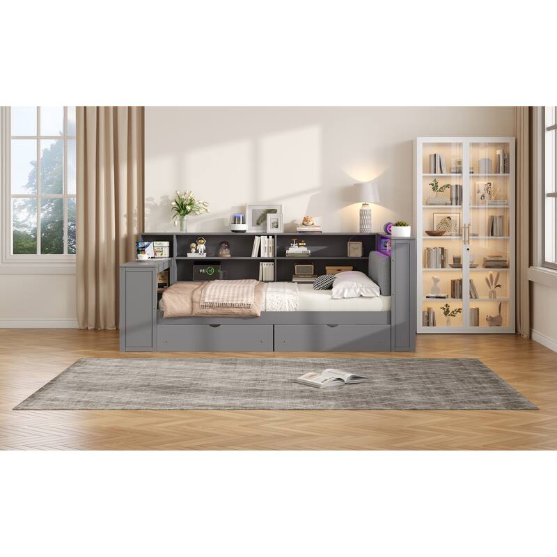 Wood Full Size Platform Bed with Storage Shelves, Drawers, Charging Station, LED, Desk and Upholstered Headboard
