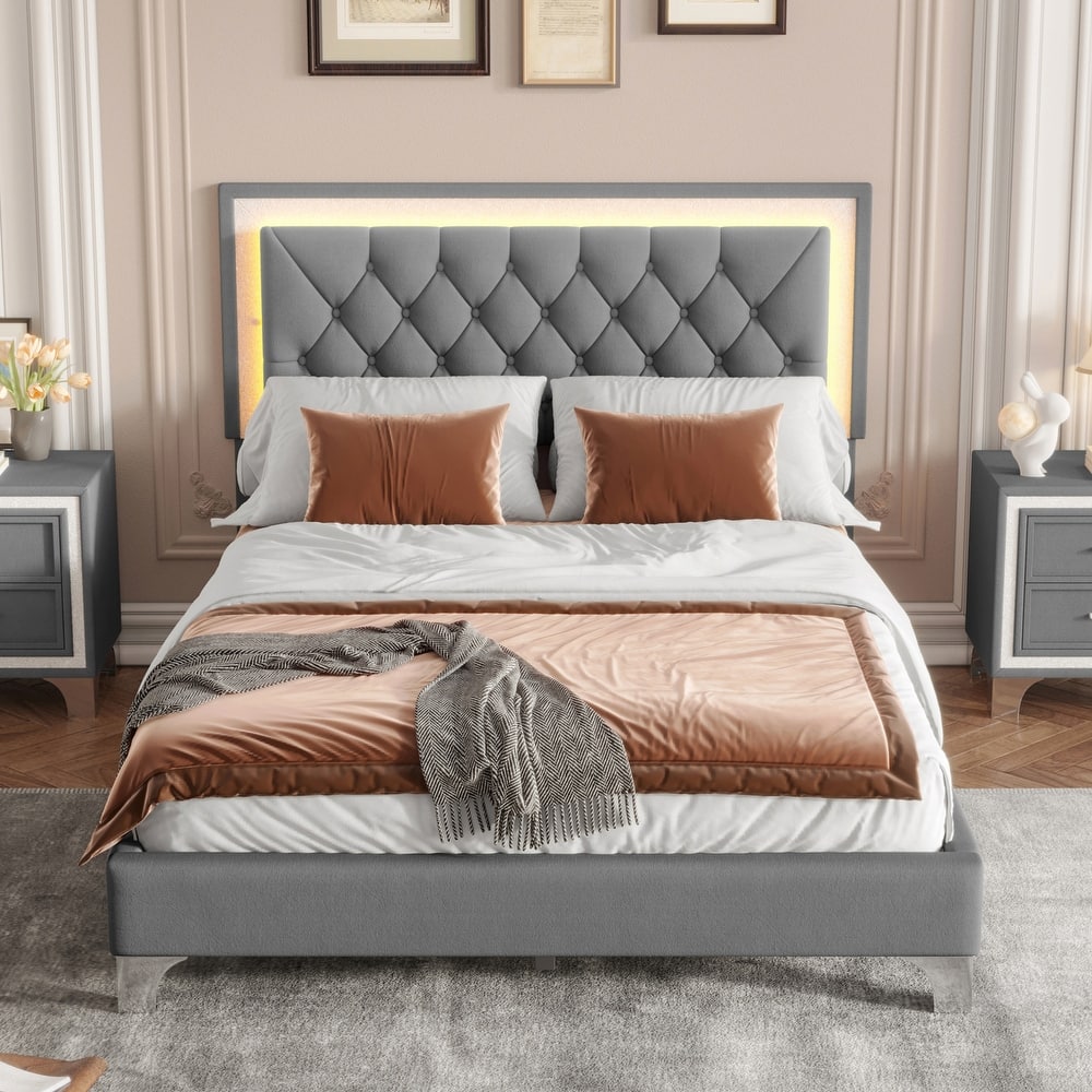 Velvet Upholstered Bed Frame with Tufted Headboard, Modern LED Platform Bed with Wood Slats Support, No Box Spring Needed
